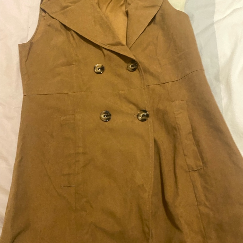 Cardigan long like trench coat size small sleeveless